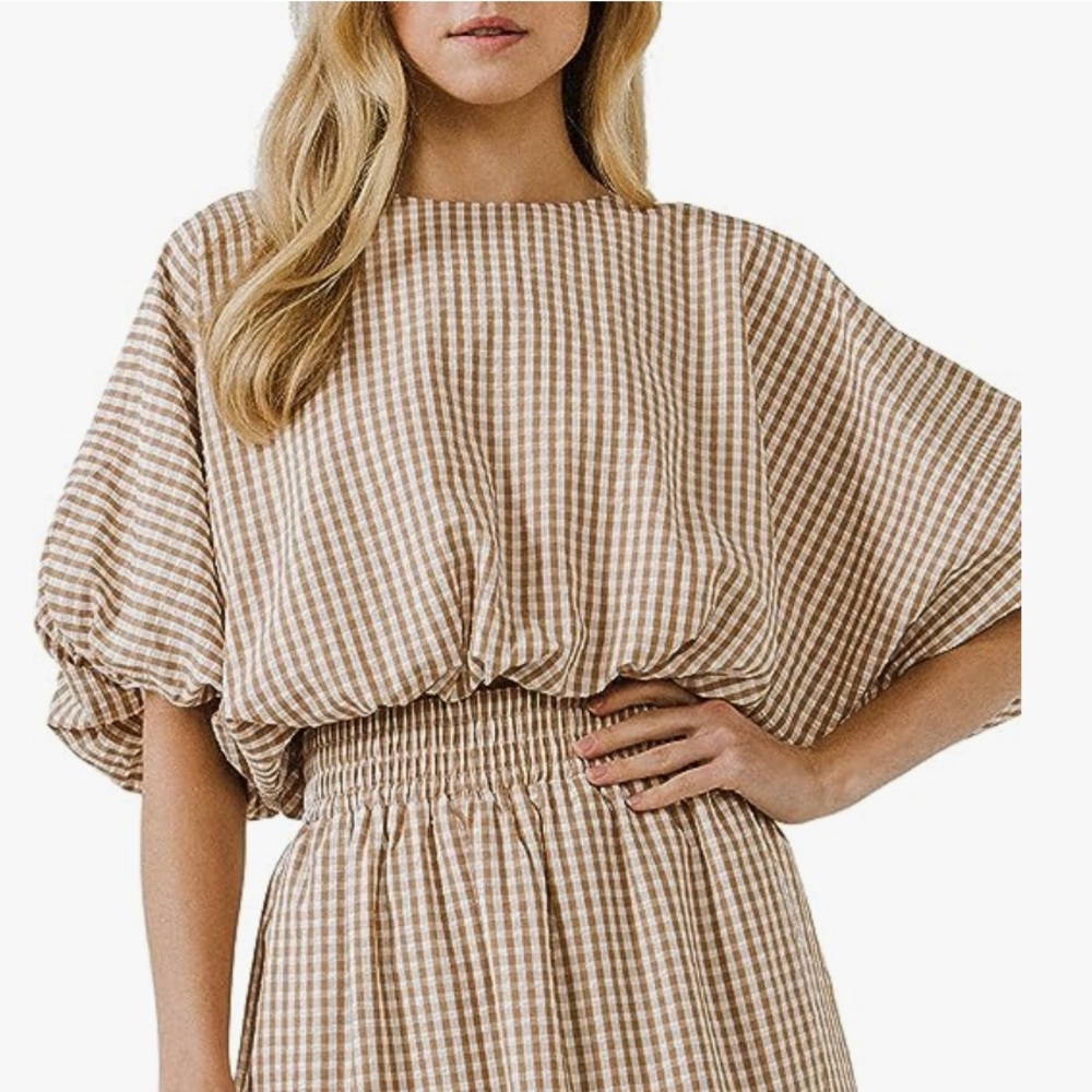 English Factory white & tan gingham voluminous crop top